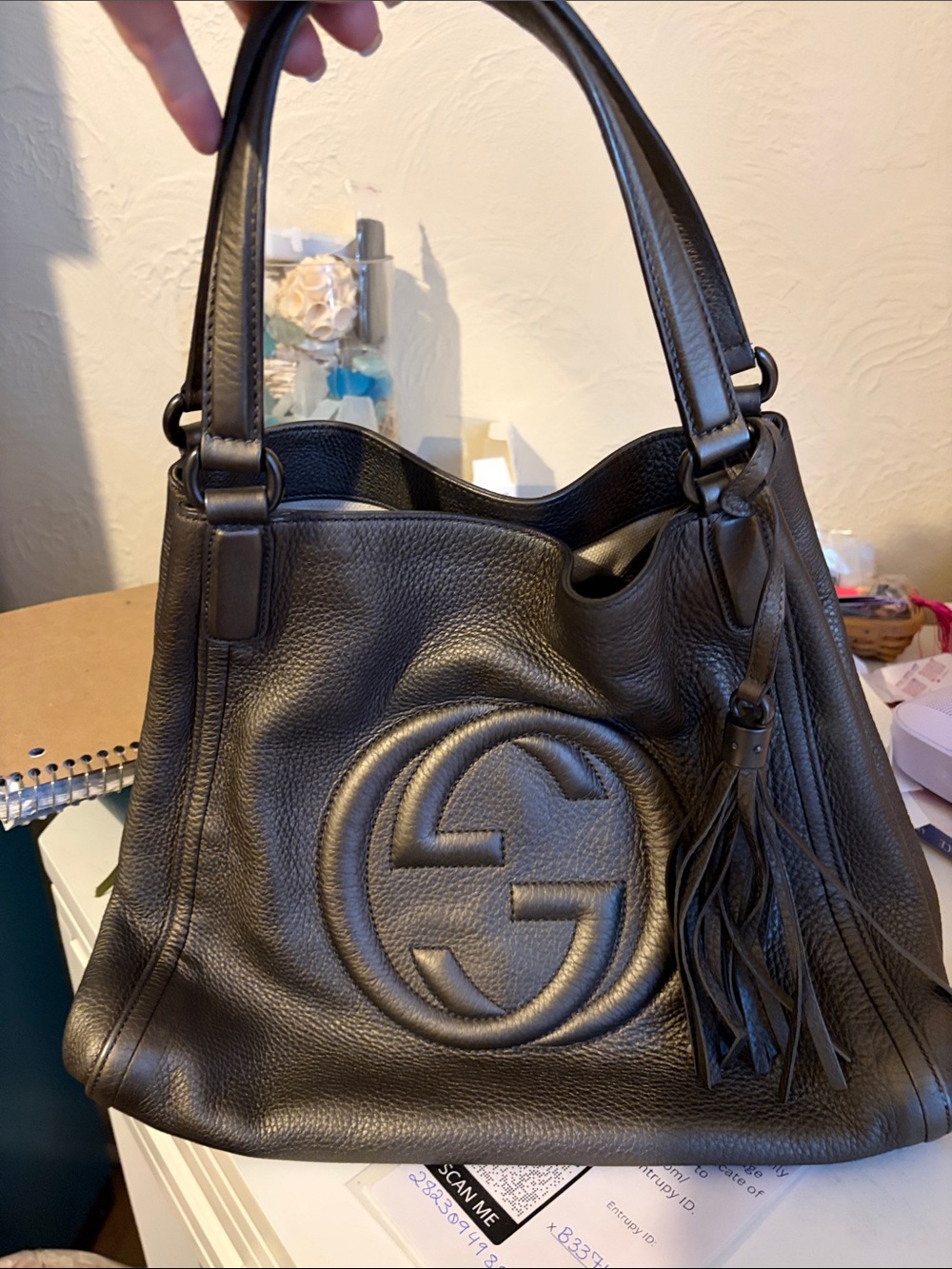 Gucci Metallic Gray Pebbled Leather Shoulder Bag with Tassel